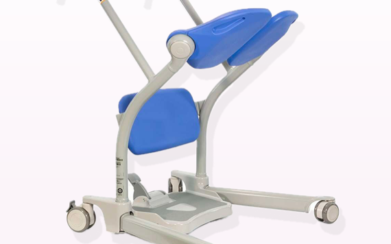 A medical transfer chair with a sturdy grey frame and blue padding, featuring a footplate, four wheels, and support handles for patient transfers.