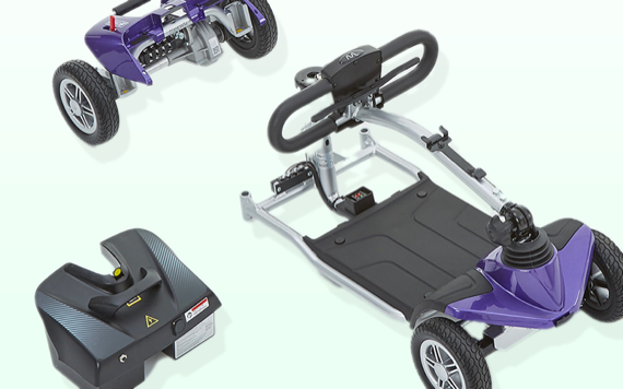 Purple three-wheeled scooter with black handlebar and seat, shown from two angles and close-up of battery, on a light background.