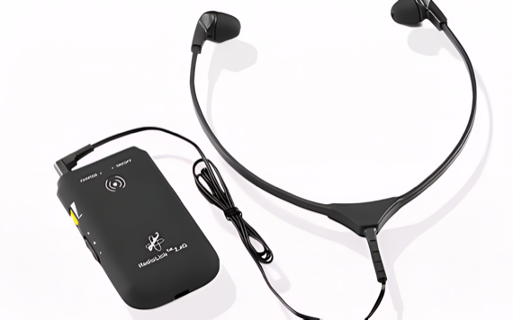 A black wearable audio device with a neckband and earpieces, labeled Wearbuds, featuring a slim control unit for easy listening.