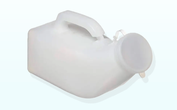 A white, translucent plastic portable urinal with a handle and a wide, capped spout is shown against a light background.