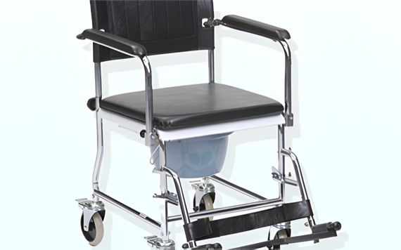 A black and chrome rolling commode chair with armrests and a cushioned seat, featuring a removable blue bucket and four small wheels.