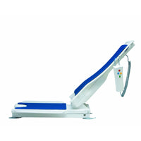 Drive Bellavita Recliner Bath Lift in blue and white with handheld remote, shown in adjustable position, side view.