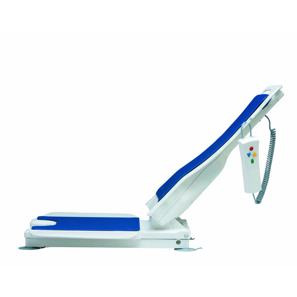 Drive Bellavita Recliner Bath Lift in blue and white with handheld remote, shown in adjustable position, side view.
