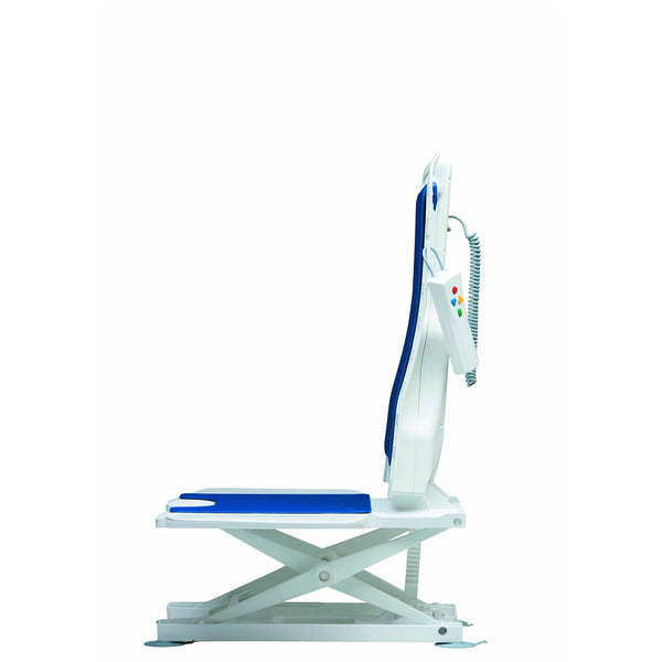 Drive Bellavita Recliner Bath Lift in blue and white with handheld remote, side view.