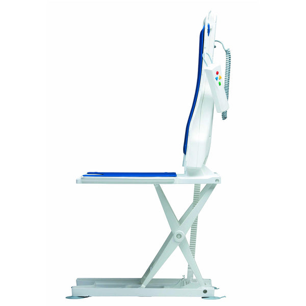 Drive Bellavita Recliner Bath Lift in white and blue with raised backrest, handheld control visible, side view.