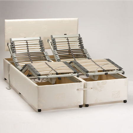 Richmond electric adjustable slatted bed base with matching headboard, each side can be set separately, front angle view.