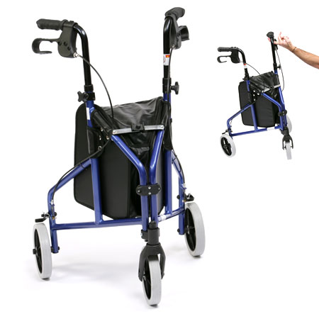 Red aluminium triwalker with storage bag and folding handlebars, side view.