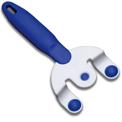Blue and white Buckingham Coolhand Plate Gripper with wide handle and two rounded gripping arms, top view.