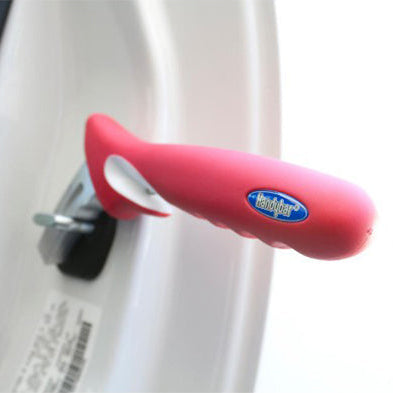 Handybar car transfer handle for support, shown attached to car door latch, side view.