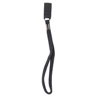 Black woven walking stick wrist strap with elastic loop and small attachment section, front view.