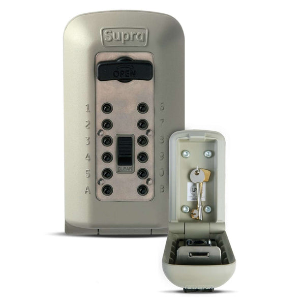 Beige wall-mounted key safe with numeric keypad, police approved rating, front view.