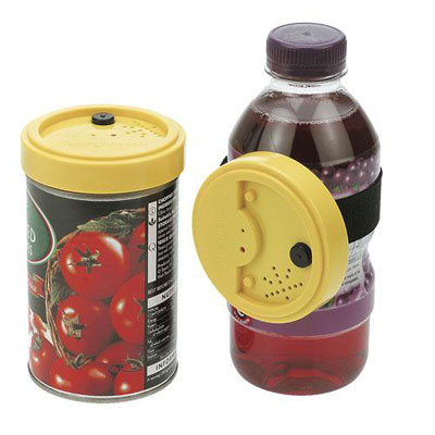 Two Talking Products Talking Tins attached to a can of tomatoes and a plastic bottle, in use view.