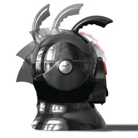 Black Uccello Designs kettle tilted to show ergonomic handle and red buttons on white background, side view.