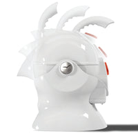 White Uccello Kettle shown in several rotated positions to demonstrate pouring feature, composite side view.