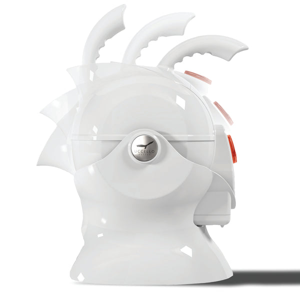 White Uccello Kettle shown in several rotated positions to demonstrate pouring feature, composite side view.