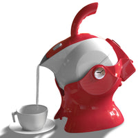Red and white Uccello kettle pouring hot water into a white teacup on a saucer, in use side view.
