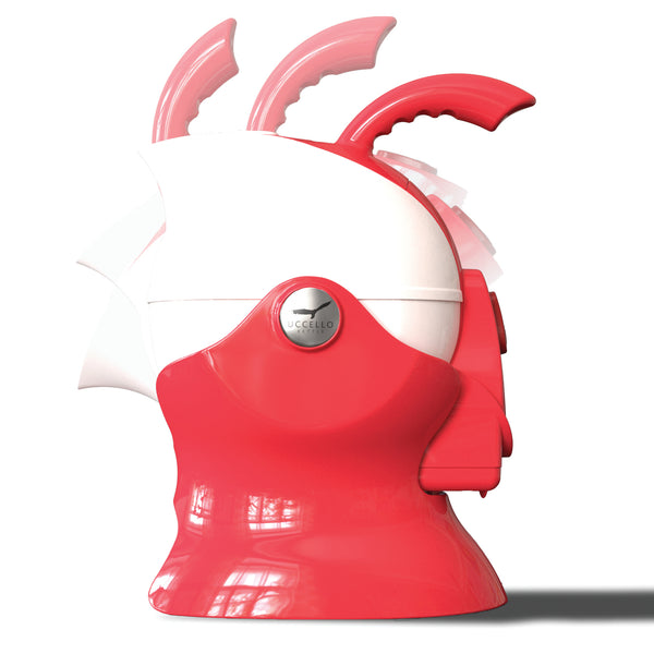 Red and white Uccello kettle with ergonomic handle and easy-pour spout, side view.