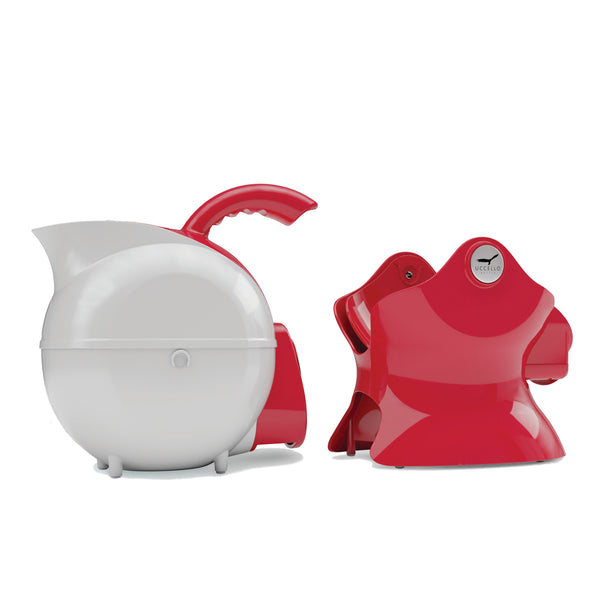 Red and white Uccello kettles with ergonomic handles side by side on a white background, front view.