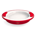 White shallow melamine bowl with a red rim and two red non-slip grips, front view.