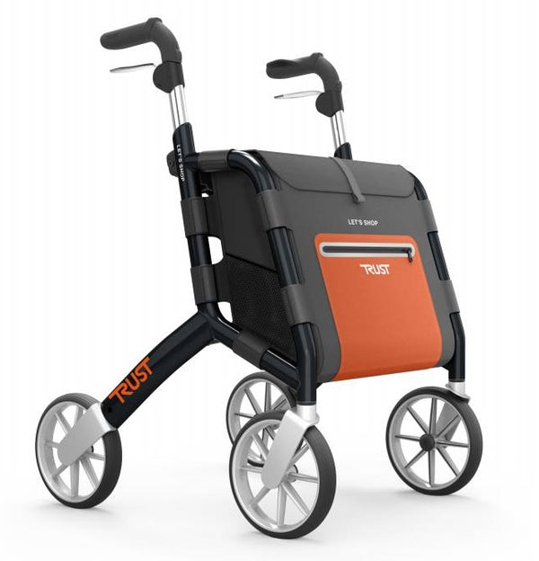 Black four-wheeled rollator with attached shopping bag, lightweight frame, front view.