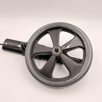 Five-spoke wheel with grey tyre and bracket for Urathon Cirrus 4 Wheel Rollator, white background, close-up.