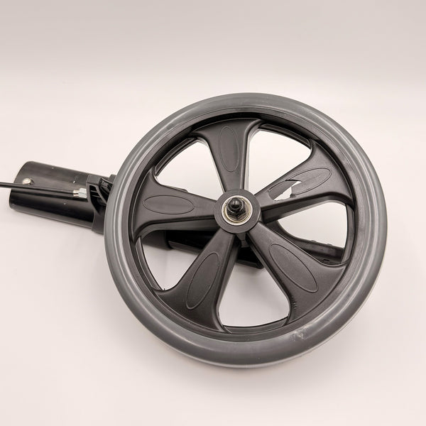 Five-spoke wheel with grey tyre and bracket for Urathon Cirrus 4 Wheel Rollator, white background, close-up.