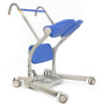 Blue and grey Arjo Huntleigh Sara Stedy patient transfer aid with wheels, padded seat, and handles, side view.