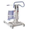 Sara Flex mobile transfer aid with wheels, blue handle and purple seat, side view.