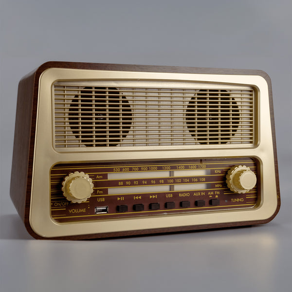 Ravencourt One Button Radio with two speakers, gold accents and simple dials in a vintage style, shown front view on a neutral background.