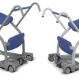 Pair of blue and grey Arjo Huntleigh Sara Stedy Compact standing aids, padded seats and handles, early mobilisation support, side by side front view.