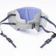 Grey and blue support belt with adjustable straps and clips for standing transfers, side view.