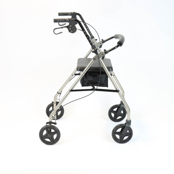 NRS A-Series Tall Rollator with four wheels, hand brakes, padded seat, and black storage pouch on white background, front view.