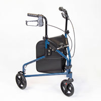 NRS Three Wheel Steel Rollator with adjustable handles, black storage bag and hand brakes, front view.