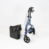NRS Three Wheel Steel Rollator with black carrying bag, upright on white background, side view.