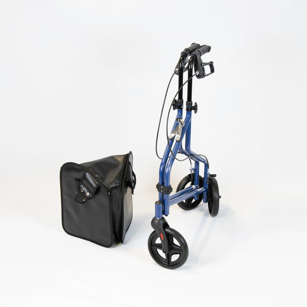 NRS Three Wheel Steel Rollator with black carrying bag, upright on white background, side view.
