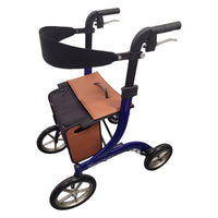 Integrity Taurus Premium Rollator with leather seat, storage bag, hand brakes and adjustable handles, front view.