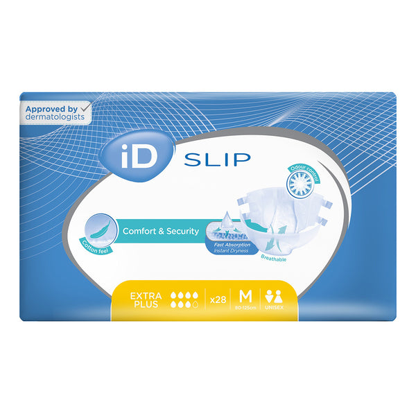 Ontex iD Slip Extra Plus disposable unisex briefs, 28 pack, all-in-one design, shown in packaging, front view.