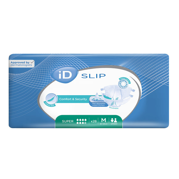Ontex iD Slip Super All-in-One Briefs medium, 28 pack, blue and white packaging for incontinence, front view.