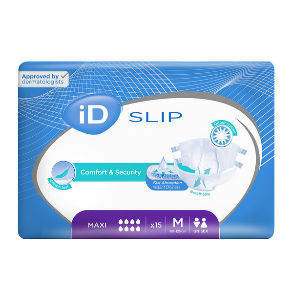 Ontex iD Slip Maxi unisex all-in-one incontinence briefs, extra absorbency for heavy use, front view.