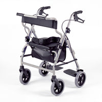 NRS 2 in 1 rollator and transit chair with padded seat, storage bag, hand brakes, and four wheels, front angle view.