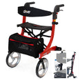 Drive Nitro Rollator in red with lightweight frame, seat, mesh bag, cup holder and large wheels, side view.