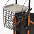 Black wire basket with grey plastic lid for three wheel rollator, accessory set shown from front angle.