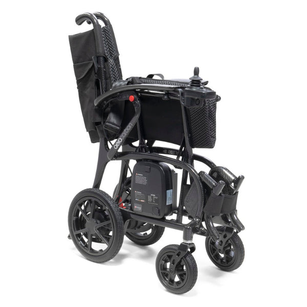 Drive AeroCarbon Powerchair lightweight carbon fibre folding electric wheelchair with large rear wheels and joystick control, side view.