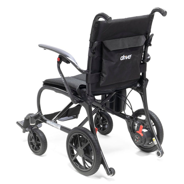 Drive AeroCarbon Powerchair, foldable and lightweight with storage pouch and large rear wheels, rear view.