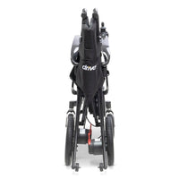 Lightweight carbon fibre folding electric wheelchair, drive logo on the backrest, rear view.