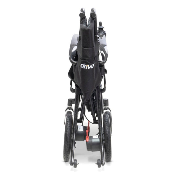 Lightweight carbon fibre folding electric wheelchair, drive logo on the backrest, rear view.