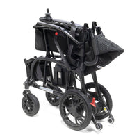 Drive AeroCarbon Powerchair lightweight folding electric wheelchair with large rear wheels and armrest controls, side view.