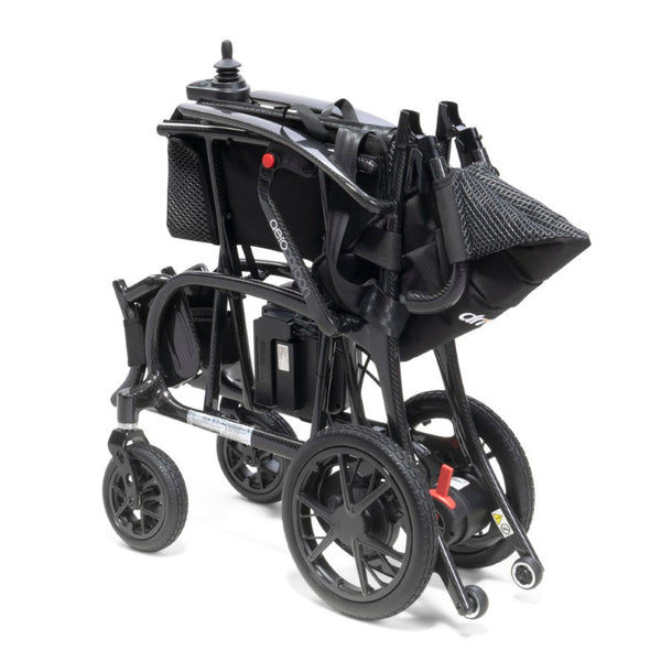 Drive AeroCarbon Powerchair lightweight folding electric wheelchair with large rear wheels and armrest controls, side view.