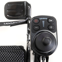 Drive AeroCarbon Powerchair joystick with power, horn and speed buttons, lightweight carbon fibre, close-up.