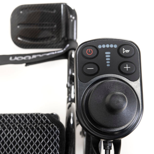 Drive AeroCarbon Powerchair joystick with power, horn and speed buttons, lightweight carbon fibre, close-up.